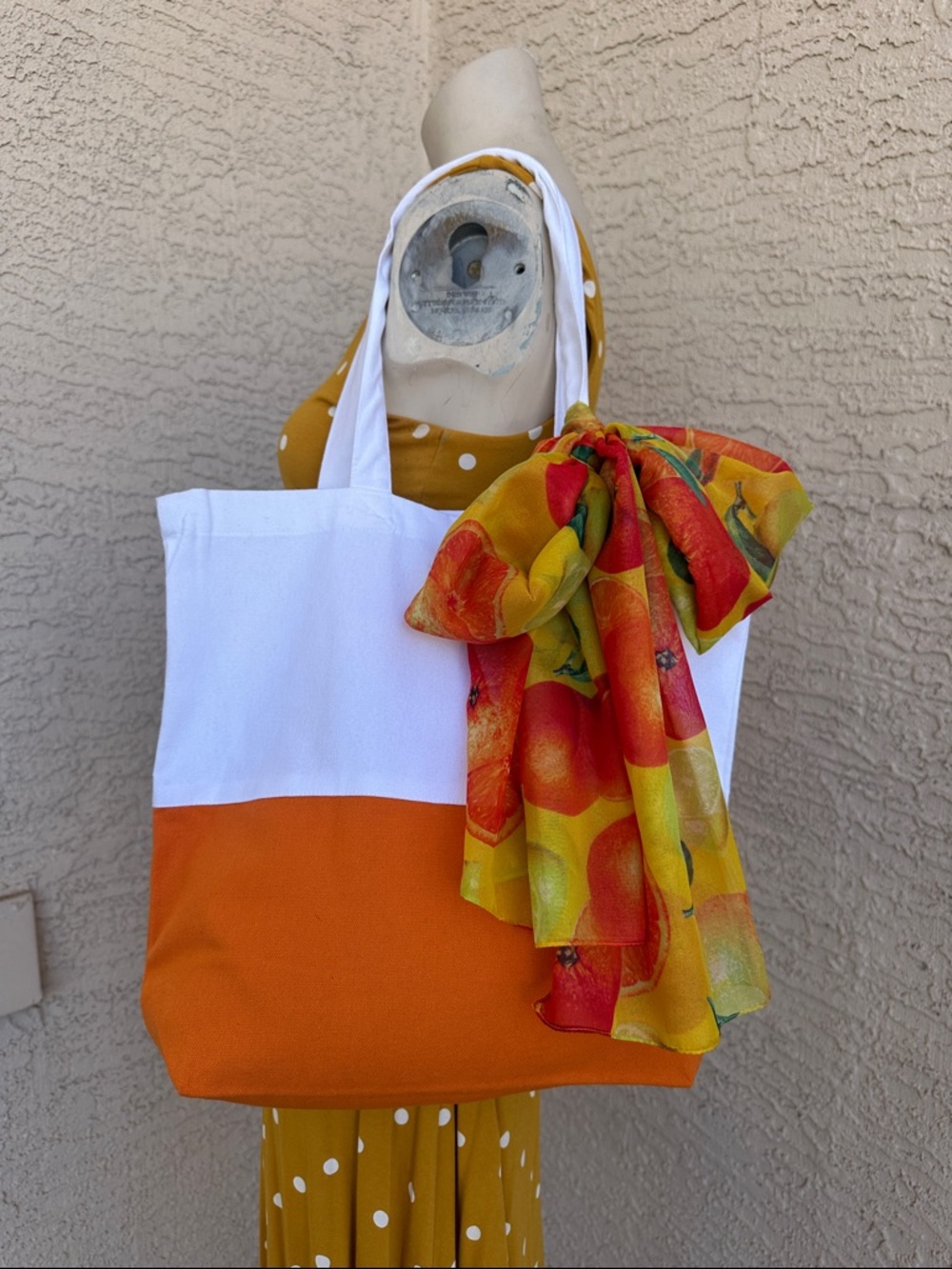 Women's White & Orange Colorblock Tote Bag with Fruit Scarf